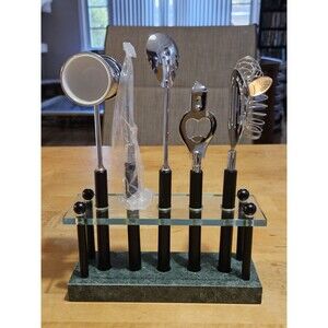Vintage MCM Bar Tool Set Of 5 Pieces On Green Marble Stand